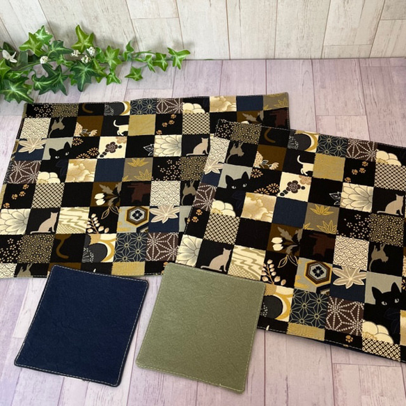 ティーマットセット　和風市松模様　猫柄　茶色系　ペアマット+ペアコースター　送料込み 1枚目の画像