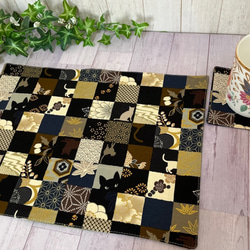 ティーマットセット　和風市松模様　猫柄　茶色系　ペアマット+ペアコースター　送料込み 3枚目の画像