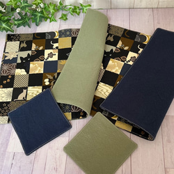 ティーマットセット　和風市松模様　猫柄　茶色系　ペアマット+ペアコースター　送料込み 2枚目の画像