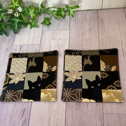 ティーマットセット　和風市松模様　猫柄　茶色系　ペアマット+ペアコースター　送料込み 5枚目の画像