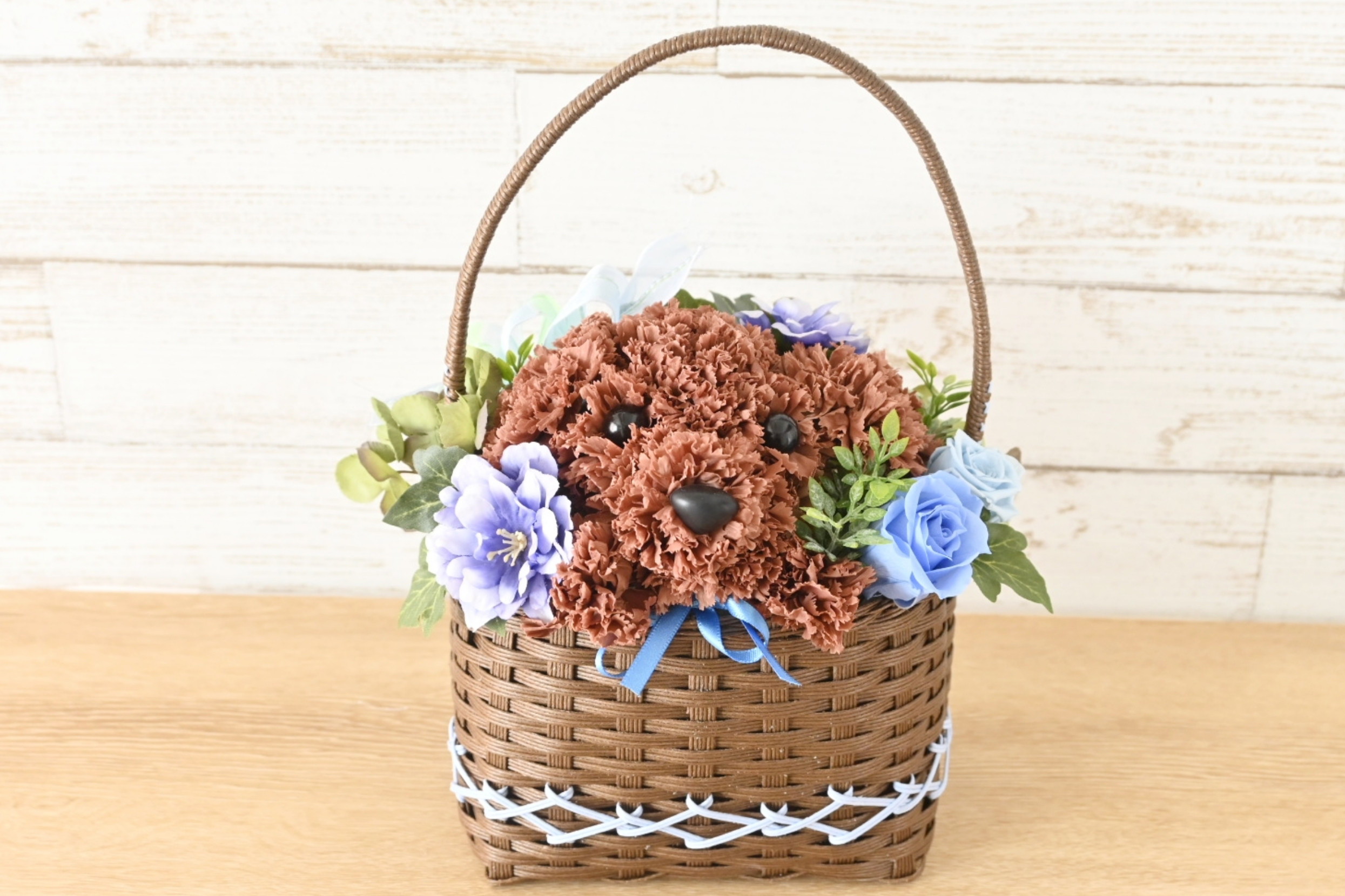 フラワーペット【ペット選べる・ブルーバスケット】犬 猫 花 プリザーブドフラワー カーネーション 母の日 お供え 誕生日