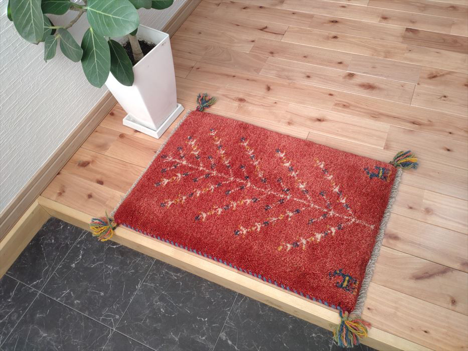春のラグ祭り】ペルシャ ギャッベ 玄関マット 59.5×39.5cm レッド 生命