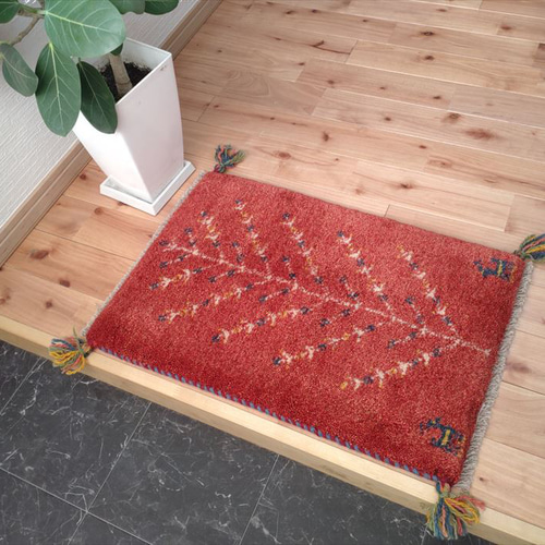 春のラグ祭り】ペルシャ ギャッベ 玄関マット 59.5×39.5cm レッド 生命