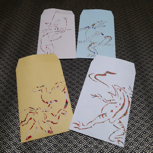 友*斗様 【福袋11点物】切り絵ハンドメイド 鳥獣戯画の切り絵<大> ポチ袋 (兎蛙4枚セット) ぽち袋・お年玉袋 うた
