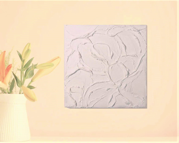 抽象画　アクリル画　キャンバス　18×18㎝　texture-art　｢白い花咲く｣ 4枚目の画像
