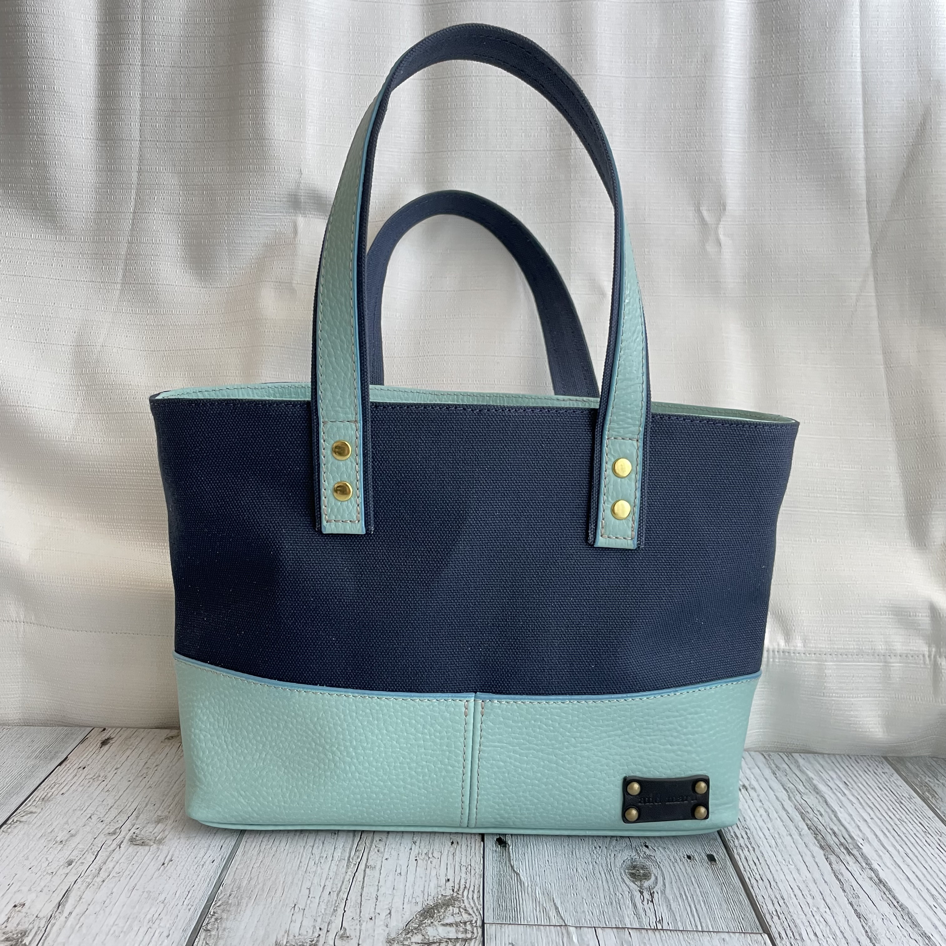 【ネイビー×スカイ】帆布と本革の小さめトートバッグ