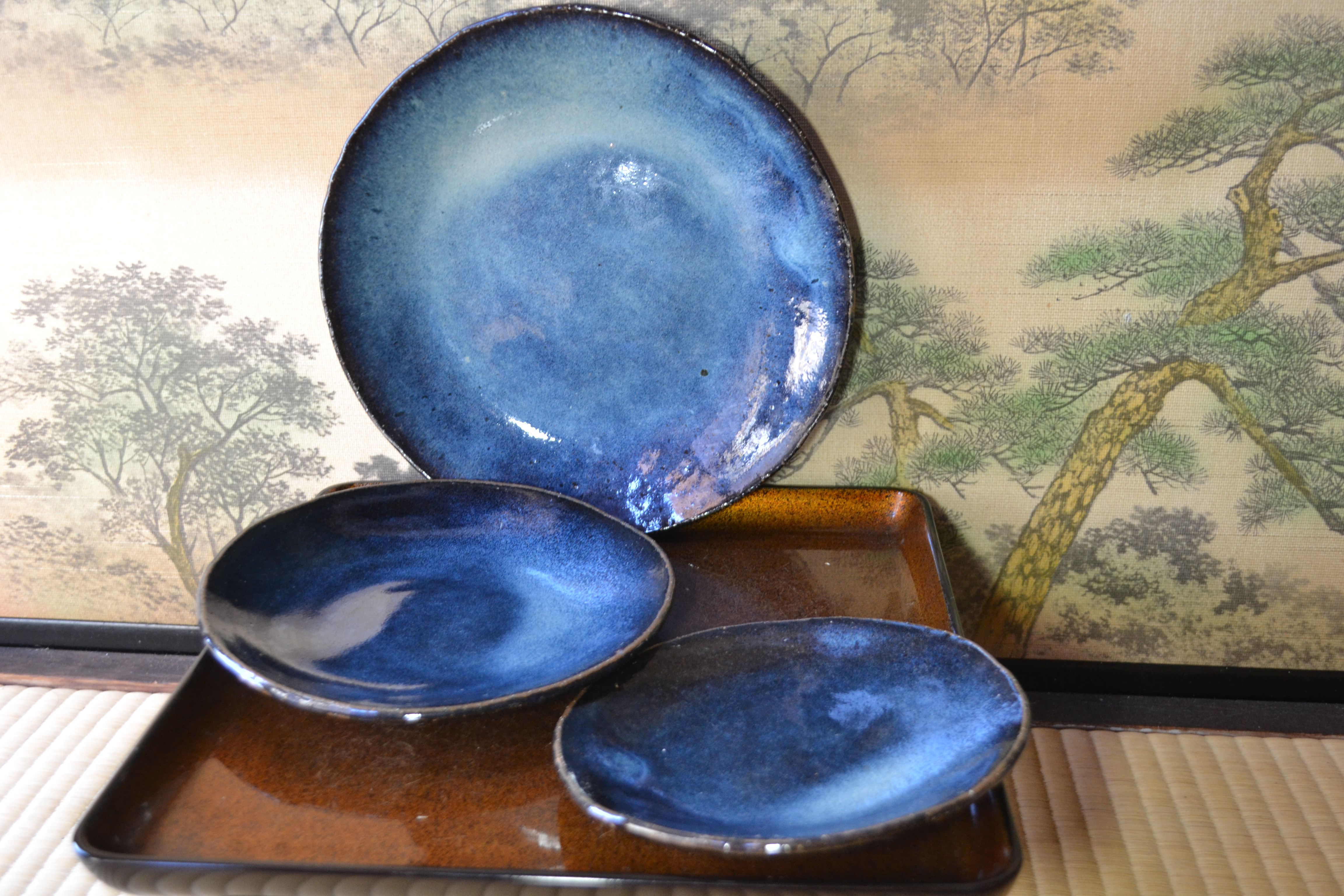 【再入荷！】豪華な特別皿セット(大中小)　コスモブルー　大皿セット　和食器　陶器  ★萩焼き