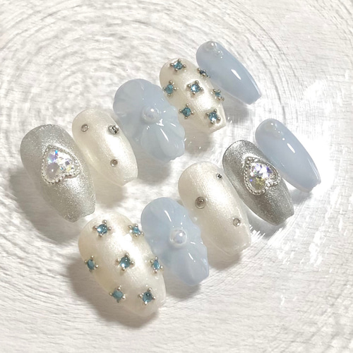 水色ネイル ビジューネイル ネイルチップ（つけ爪） cororonail 通販