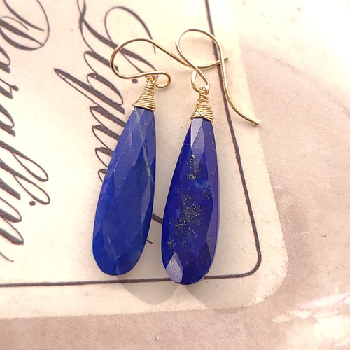 天然石 14kgf 宝石質ラピスラズリ*ロングペアシェイプのピアス