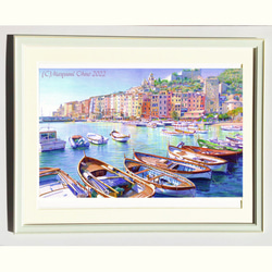 南イタリア ☆地中海 版画  風景画 絵画　アクリル画　ヨーロッパ　海　ヨットハーバー　水彩画　ヨット　リビエラ 2枚目の画像
