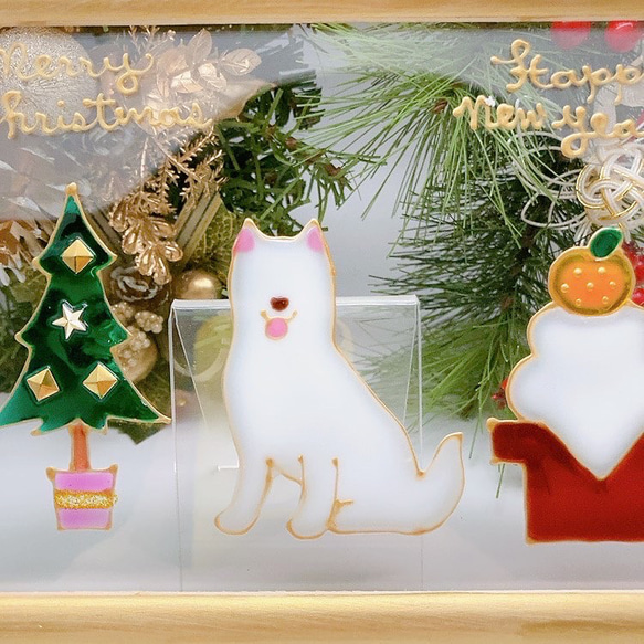 DOG.AM ガラスフレーム　クリスマス　お正月　柴犬　白柴 2枚目の画像