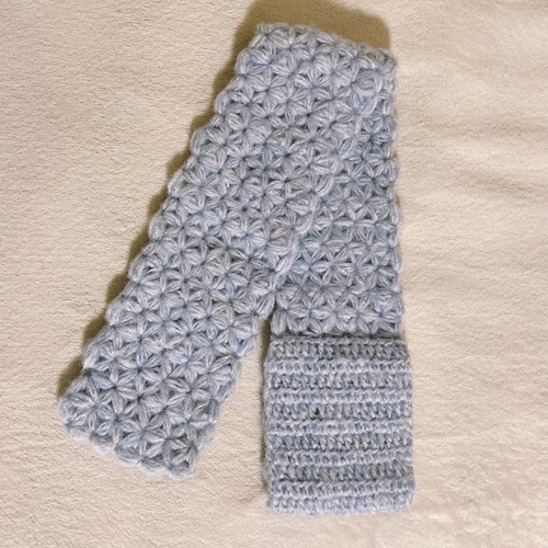 ミニマフラー ラメブルー 手編み お花の模様 ネックウォーマー ティ