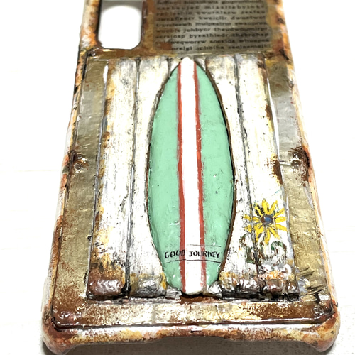 【高品質】 古材風サビ塗装サーフ&シャビーフラワースマホケース iPhoneアクセサリー