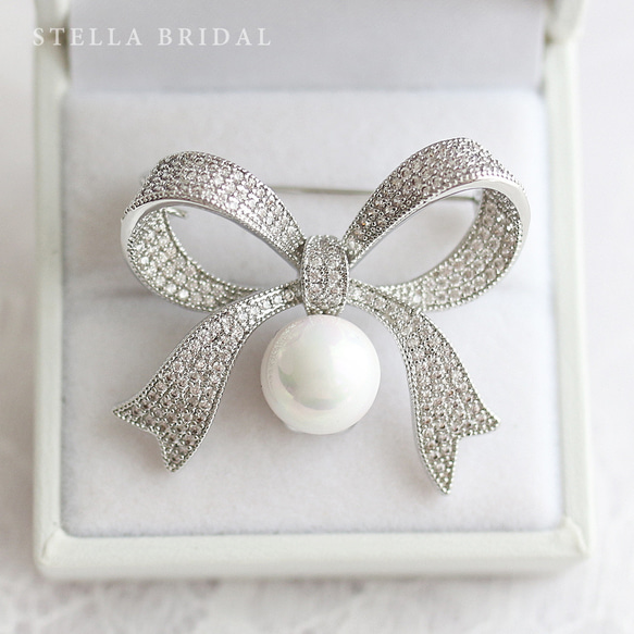 Stella Bridal＊母の日ギフトやフォーマルにも＊キュービックジルコニア リボンブローチ 3枚目の画像