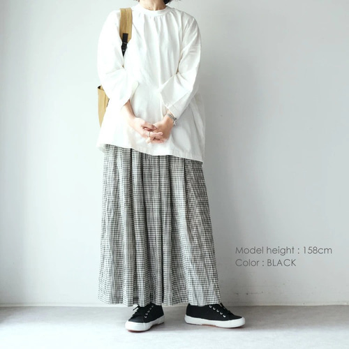新作ギンガムチェック タックギャザーロングスカートvent blanc