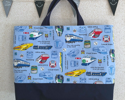 ハンドメイド オーダー レッスンバッグ 巾着 電車 のりもの 男の子 水色 c9c566de98699e39c12a123ed430a7