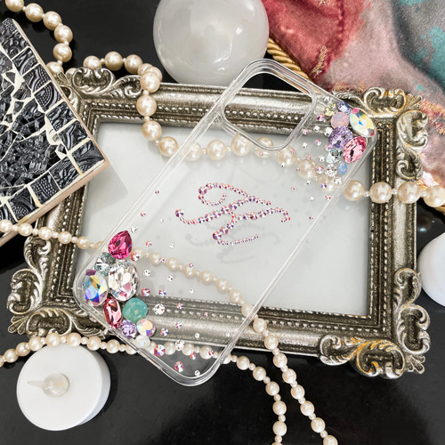 iPhone17pro,Max,16,15,14他クリアケースイニシャル スワロフスキー