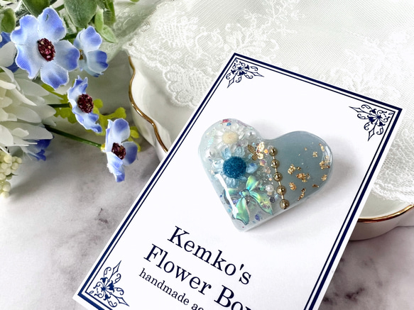 大人可愛い　ツートンハートの花束ヘアゴム　アイスブルー 2枚目の画像