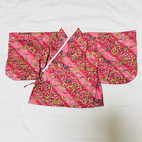 ベビー袴 ハンドメイド ベビー着物 赤系 蝶 花 薄ピンク 60 70