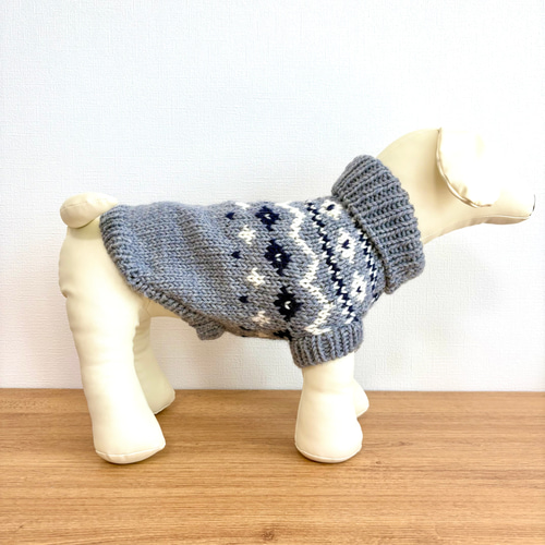 再販5】小型犬用手編みセーター☆グレー＋ネイビー☆ロピ風☆ペット