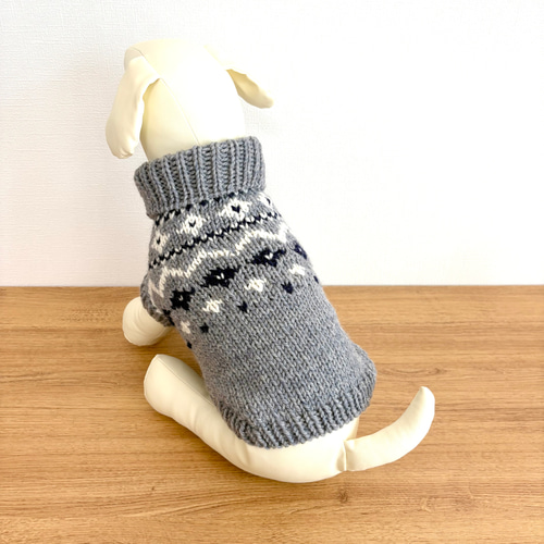 再販5】小型犬用手編みセーター☆グレー＋ネイビー☆ロピ風☆ペット