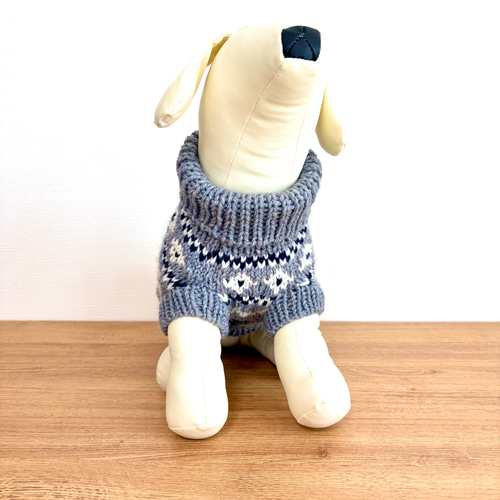 再販5】小型犬用手編みセーター☆グレー＋ネイビー☆ロピ風
