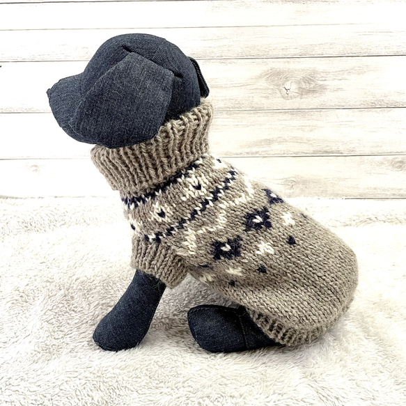 【再販1】小型犬用手編みセーター★グレー＋ネイビー★ロピ風★ペットセーター★犬のセーター★犬服 1枚目の画像