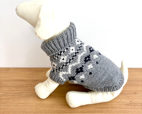 小型犬用手編み服　M I L K 再販5】小型犬用手編みセーター☆グレー＋ネイビー☆ロピ風☆ペット