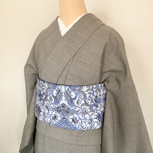 【新作】ハンドメイド　バティック半幅帯 ◇バティック半幅帯パッチワーク118 light blue flower ／kimono