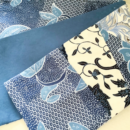 【新作】ハンドメイド　バティック半幅帯 ◇バティック半幅帯パッチワーク118 light blue flower ／kimono