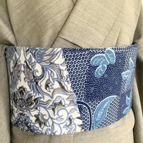 【新作】ハンドメイド　バティック半幅帯 ◇バティック半幅帯パッチワーク118 light blue flower ／kimono