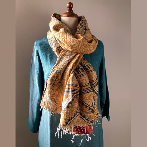 インド綿 ヴィンテージカンタ刺繍ストール MIXパッチ/イエロー系