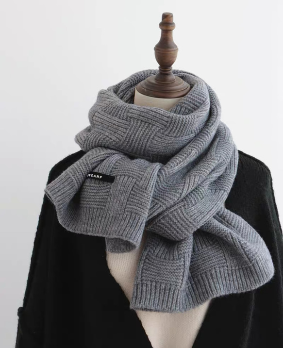 グレー、ニットマフラー、冬のマフラー、編みのマフラー、マフラー兼