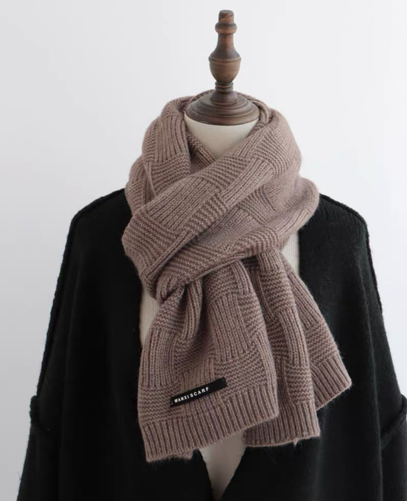 PINUE トライカラーニットマフラー　BROWN ニットマフラー、冬のマフラー、編みのマフラー、マフラー兼