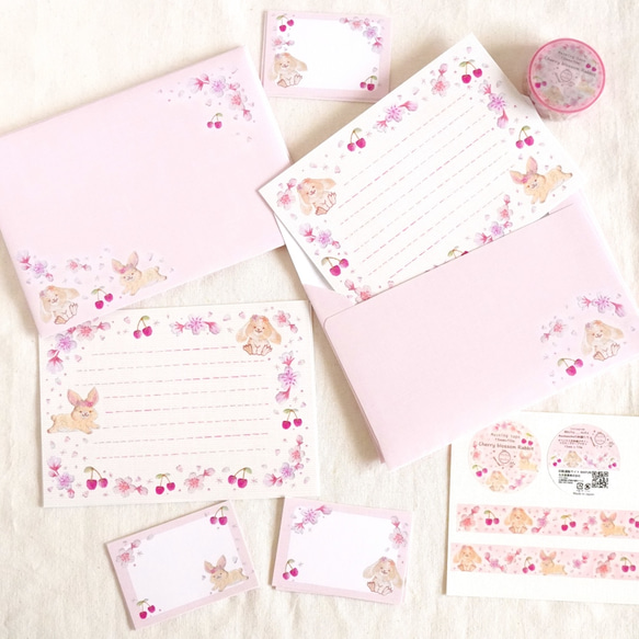 [レターセット] ✳︎動物刺繍デザイン✳︎ Cherry blossom rabbit ウサギと桜とサクランボ 6枚目の画像