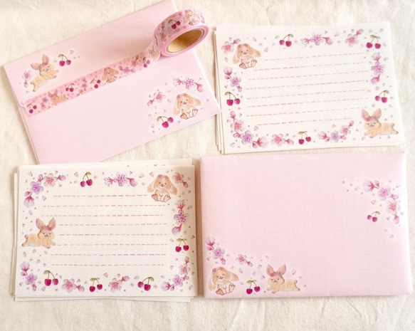 [レターセット] ✳︎動物刺繍デザイン✳︎ Cherry blossom rabbit ウサギと桜とサクランボ 7枚目の画像