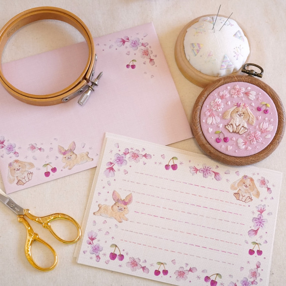 [レターセット] ✳︎動物刺繍デザイン✳︎ Cherry blossom rabbit ウサギと桜とサクランボ 9枚目の画像