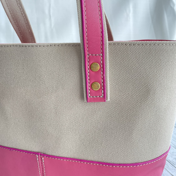 【アイボリー×ピンク】帆布と本革の小さめトートバッグ 4枚目の画像
