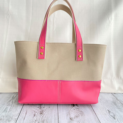 【アイボリー×ピンク】帆布と本革の小さめトートバッグ 3枚目の画像