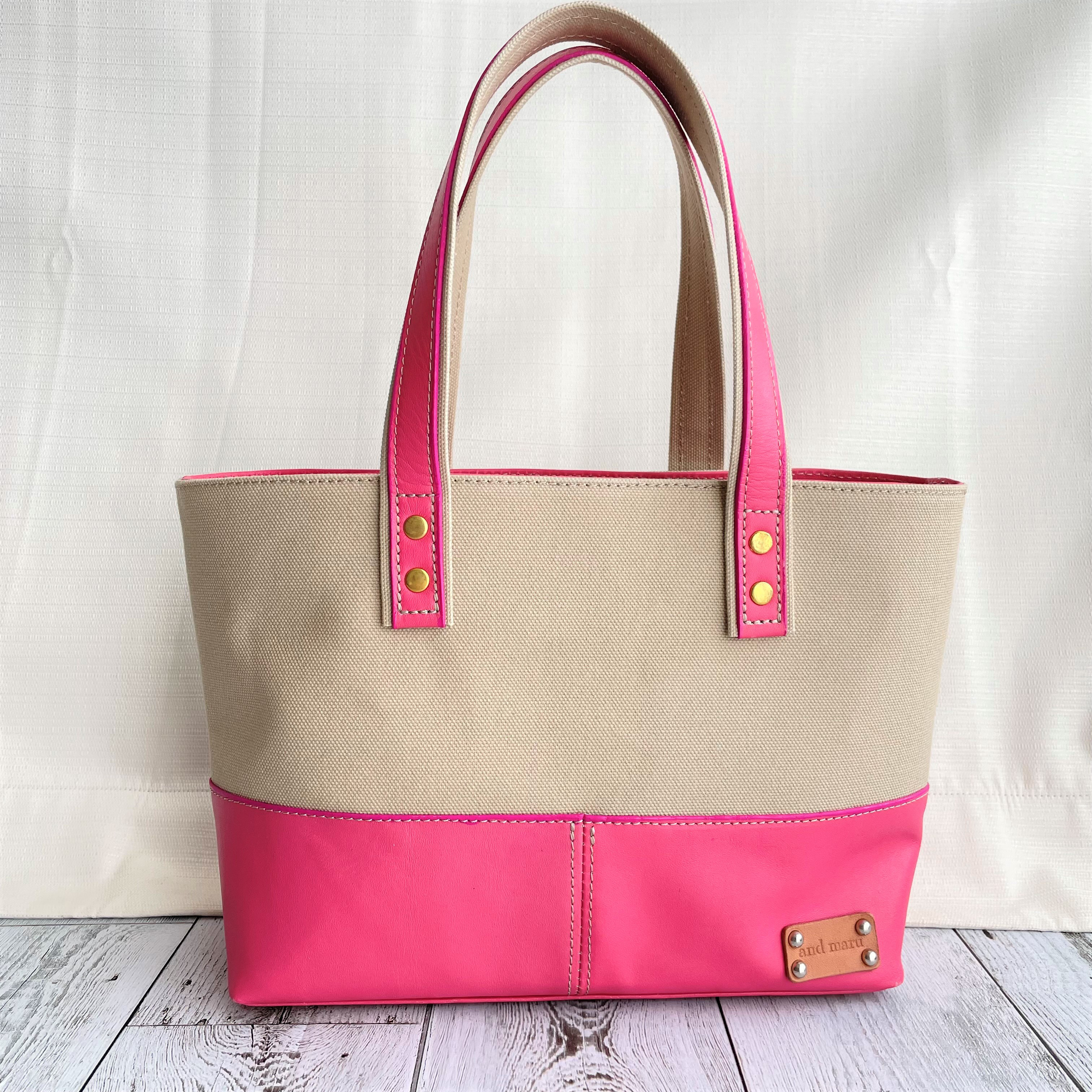 【アイボリー×ピンク】帆布と本革の小さめトートバッグ