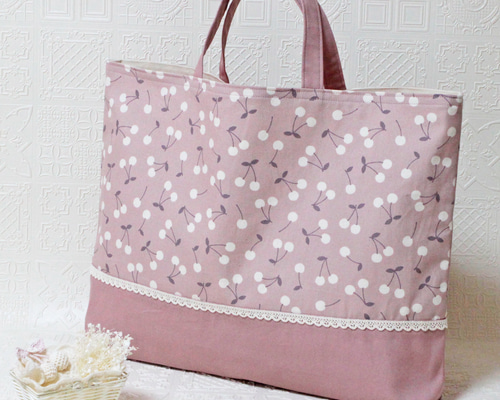 大きめレッスンバッグ『さくらんぼ♥グレイッシュピンク』k2543 入園