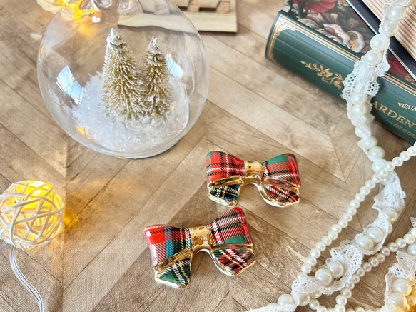 リボン箸置き（タータンチェック赤） 1枚目の画像