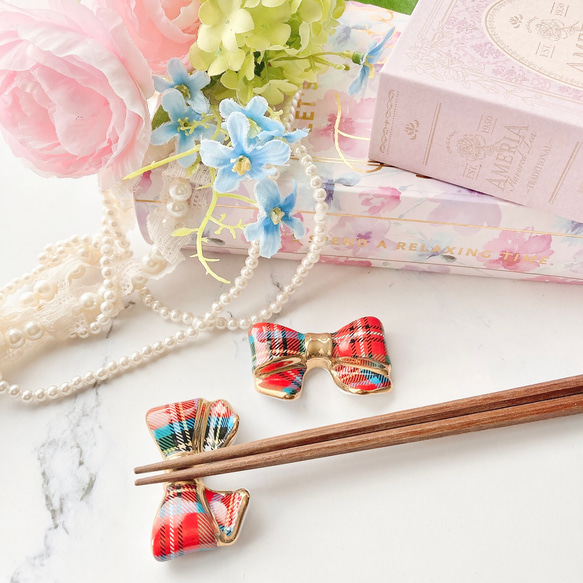 リボン箸置き（タータンチェック赤） 3枚目の画像