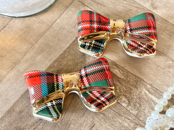 リボン箸置き（タータンチェック赤） 2枚目の画像