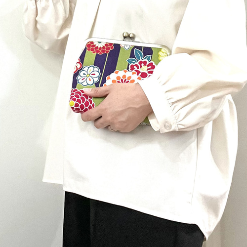 きょうMAMA　目玉付きたっぷりマチのショルダーポーチ&ストラップ wawaFAB】2WAY がま口ポーチ ショルダーストラップ付き 古典柄
