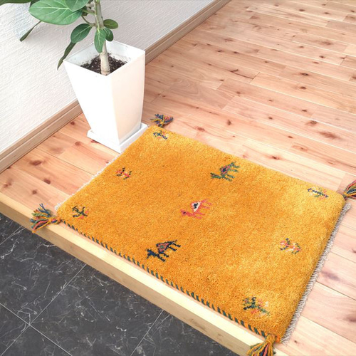 冬の感謝キャン】ペルシャ ギャッベ 玄関マット 約40×60cm イエロー 成
