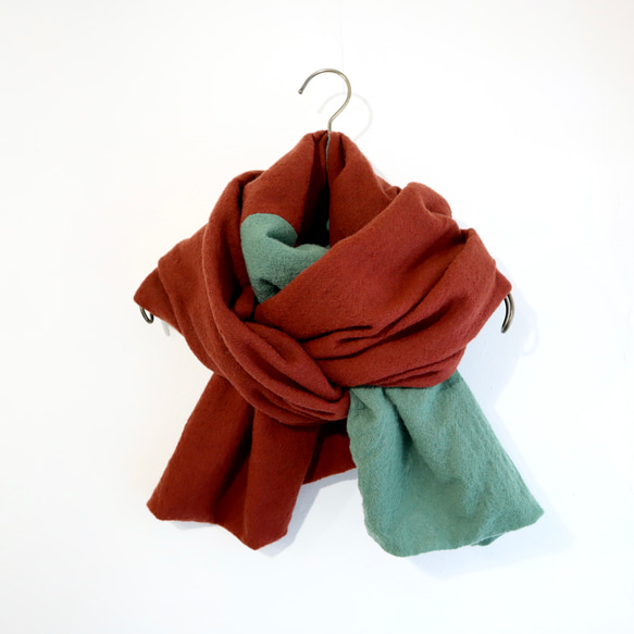 double colour wool scarf　(green x dark red) 8枚目の画像