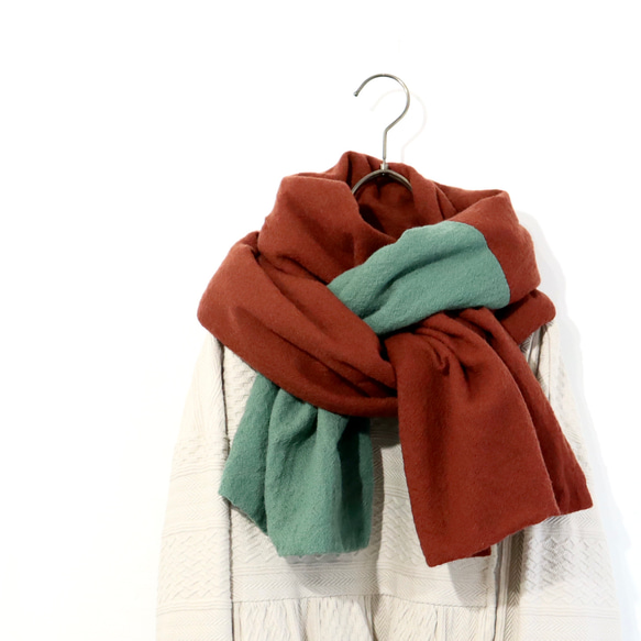 double colour wool scarf　(green x dark red) 2枚目の画像