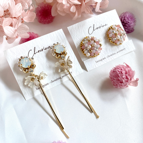 桜色天然石のつぶつぶイヤリング／ピアス イヤリング 