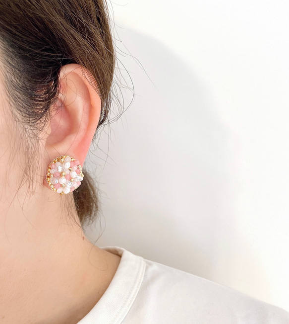 櫻花色天然石耳環/穿孔耳環 第7張的照片